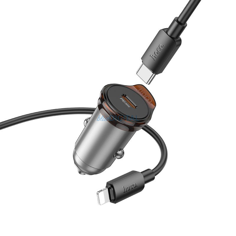 HOCO C típusú autós töltő + kábel C típusú Lightning PD QC 30W NZ16 fém szürke
