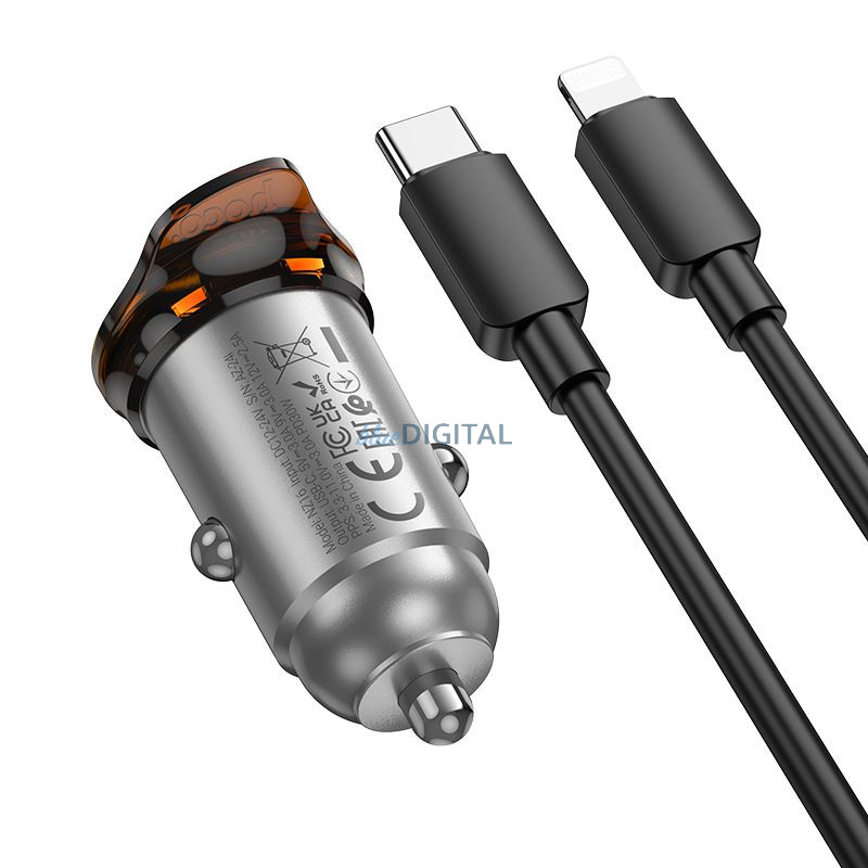 HOCO C típusú autós töltő + kábel C típusú Lightning PD QC 30W NZ16 fém szürke