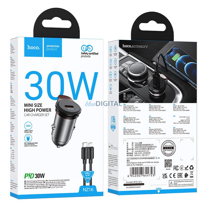 HOCO C típusú autós töltő + kábel C típusú Lightning PD QC 30W NZ16 fém szürke