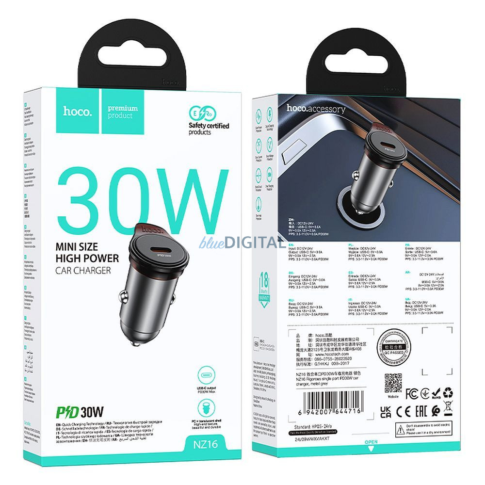 Hoco NZ16B autós töltő 2xUSB-C csatlakozással + Type-C - Lightning kábellel 45W QC PD - fémszürke