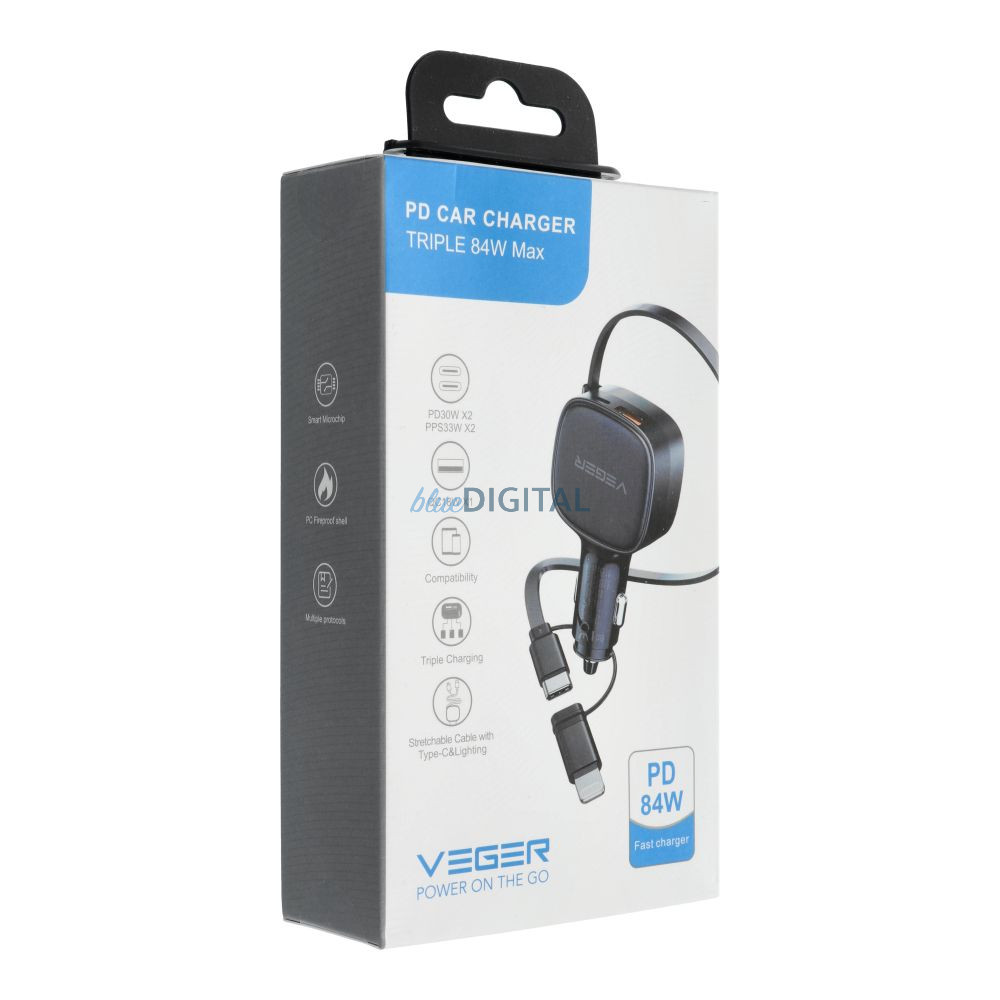 VEGER autós töltő USB C + kábel USB C / Lightning QC PD 84W CC89 fekete