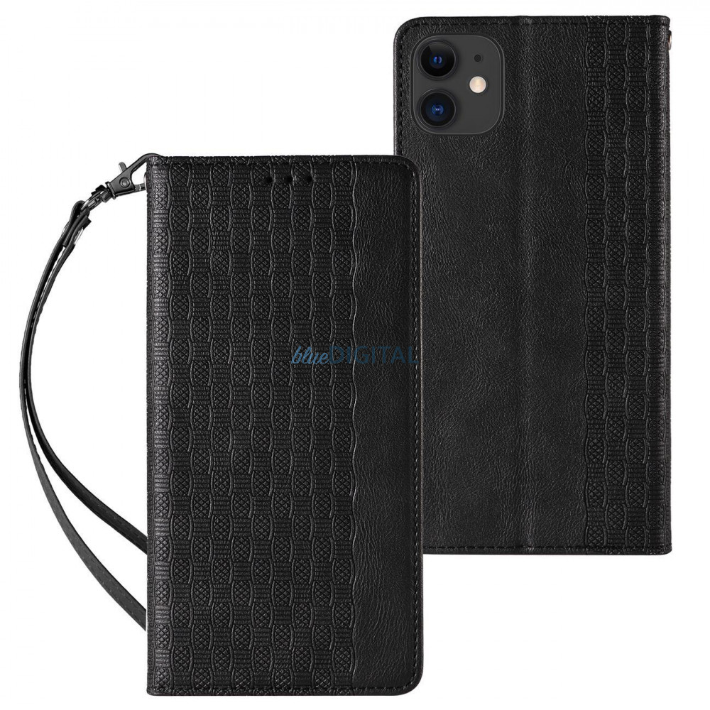 Mágneses pántos tok iPhone 12 tok pénztárca + mini nyaklánc medál fekete Mágneses pántos tok iPhone 12 tok pénztárca + mini nyaklánc medál fekete