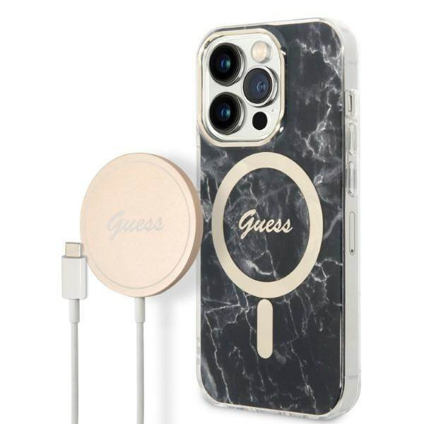 Guess tok+ töltő iPhone 14 Pro Max 6,7" fekete Márvány MagSafe keménytok
