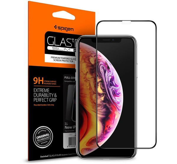 SPIGEN FC képernyővédő üveg (2.5D, ujjlenyomatmentes, extra karcálló, 9H, ultravékony, 0.3mm, színkiemelés) FEKETE Apple iPhone XS Max 6.5, Apple iPhone 11 Pro Max