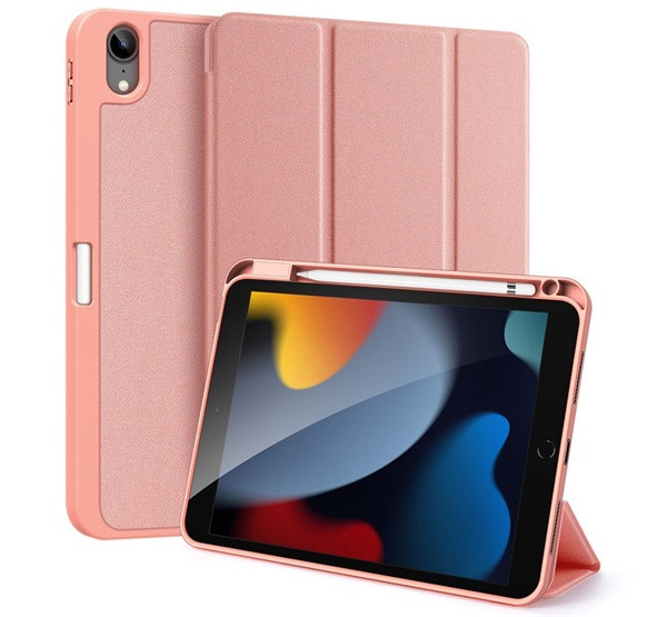 DUX DUCIS DOMO tok álló, bőr hatású (aktív, oldalra nyíló, TRIFOLD, asztali tartó, ceruza tartó, textil minta) RÓZSASZÍN Apple IPAD 10.9 (2022)