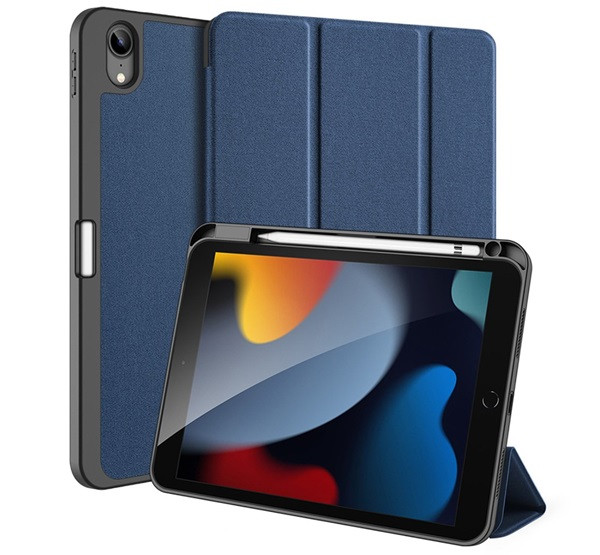 DUX DUCIS DOMO tok álló, bőr hatású (aktív, oldalra nyíló, TRIFOLD, asztali tartó, ceruza tartó, textil minta) SÖTÉTKÉK Apple IPAD 10.9 (2022)