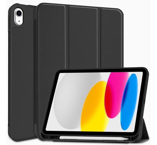 Tok álló, bőr hatású (aktív FLIP, oldalra nyíló, TRIFOLD, asztali tartó, ceruza tartó) FEKETE Apple IPAD 10.9 (2022)