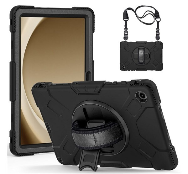 Defender műanyag telefonvédő (ütésállóság, kitámasztó, 360° + kézpánt, vállpánt) FEKETE Samsung Galaxy Tab A9 Plus 5G (SM-X216), Galaxy Tab A9 Plus WIFI (SM-X210)