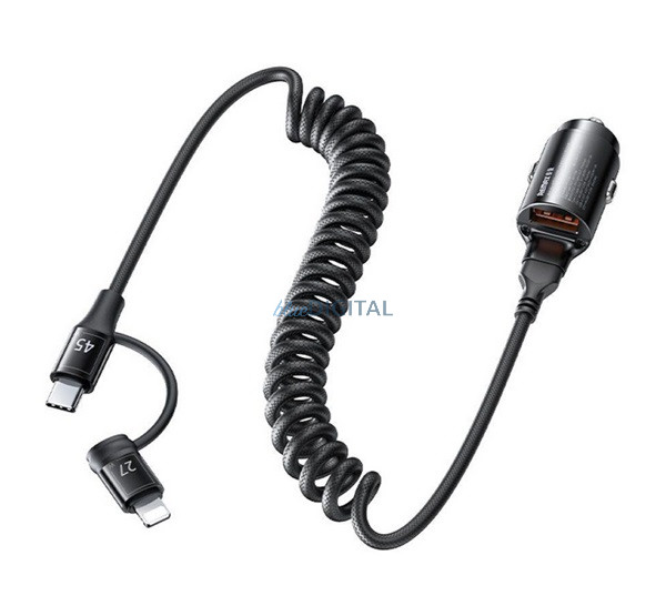 REMAX RUICHY autós töltő USB aljzat (45W, PD gyorstöltő + fix spirál Type-C - lightning kábel) FEKETE REMAX RUICHY autós töltő USB aljzat (45W, PD gyorstöltő + fix spirál Type-C - lightning kábel) FEKETE
