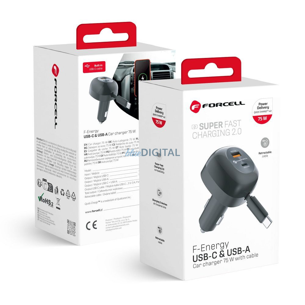 FORCELL F-ENERGY Alu autós töltő visszahúzható kábellel C típusú és C típusú + USB-A aljzat PD QC4.0 SFC2.0 3A 75W fekete FORCELL F-ENERGY Alu autós töltő visszahúzható kábellel C típusú és C típusú + USB-A aljzat PD QC4.0 SFC2.0 3A 75W fekete