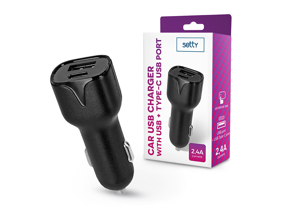 Setty szivargyújtó töltő adapter USB + Type-C bemenettel - Setty Car USB Chargerwith USB +Type-C Ports - 5V/2,4A - fekete